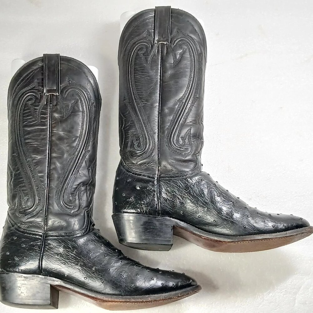 Men’s Black Ostrich Print Leather Cowboy Boots Size 8.5D Mexico